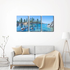 Pacimo Canvas Print Wall Art Set Vibrant Forest & Rocky Lake Landscape Nature Wilderness Photography Realism Rustic Scenic Modern Artwork Decor Stretch Framed Ready to Hang - 12 x 16 inch x 3