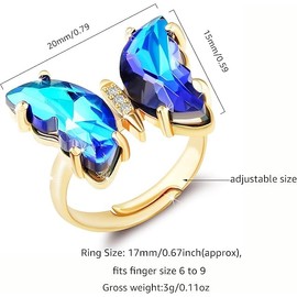 BONJOULRY Crystal Butterfly Ring Animal Butterflies Birthstone Pendant Crystal Wedding Birthday Gift Jewelry 3 Color Chois Adjustable Send Velvet Bag(Dark Blue)