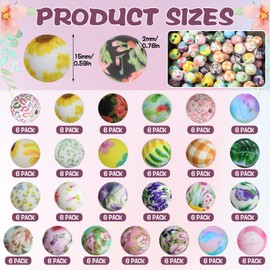 150 Pcs Flowers Print Silicone Beads Bulk, Colored Flower Round Silicone Beads Keychain Making Kit Decorative Small Rubber Balls for DIY Bracelet Pens Necklace Jewelry Decoration Supplies