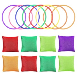 KSVFTB 16pcs Throwing Game Set,Bean Bags Adult, Kids Bean Bag, 8pcs Nylon Bean Bag Kids 8pcs Plastic Toss Rings Colorful Kids Beanbag Toss Game Carnival Toys For Toddlers Kids Indoor Outdoor