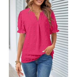 MEROKEETY Women's 2025 Summer V Neck Blouse Puff Sleeve Swiss Dot Business Casual Cute Shirts Tops,Hotpink,S