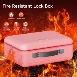 Fireproof Document Box, Hard Case Fireproof Box with Lock, Portable Hard-Shell Fireproof Water Resistant Document Safe for Important Documents, Laptops, Passports, Files and More (Pink)