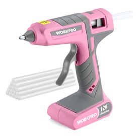 WORKPRO Full Size Cordless Hot Melt Glue Gun - 12V Rechargeable Fast Preheating Glue Gun Kit with 15pcs Full Size Glue Sticks, Auto Power-off Glue Gun for DIY Project, Art, Craft - Pink Ribbon | WORKPRO