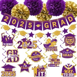 HAKOTI Graduation Decorations 2025 Purple, 2025 Grad Banner and Congrats Grad Hanging S