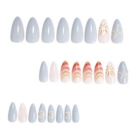 24Pcs Beach Press on Nails Medium Almond Fake Nails White Starfish Shell Design Blue Ocean False Nails Full Cover Artificial Glue on Nails Summer Hawaii Stick on Nails for Women DIY Manicure