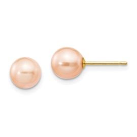 14K Yellow Gold 6-7mm Pink Round Freshwater Cultured Pearl Stud Post Earrings