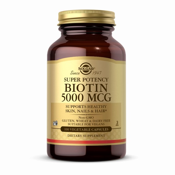 Solgar Biotin 5000 mcg - 100 Vegetable Capsules - Supports Healthy Skin, Nails & Hair - Non-GMO, Vegan, Gluten Free, Dairy Free, Kosher - 100 Servings