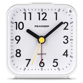 Peakeep Small Battery Operated Analog Travel Alarm Clock Silent No Ticking, Lighted on Demand and Snooze, Beep Sounds, Gentle Wake, Ascending Alarm, Easy Set (White)