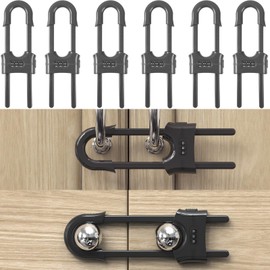 FIGEPO 6 Pack Child Proof U-Shaped Code Sliding Cabinet Door Locks Adjustable Baby Safety Cupboard Cabinet Latches Set for Knob Handle Drawers Closet Grey