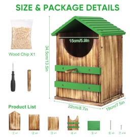Owl House, Wood Screech Owl House Bird Box with Shavings Owls Boxes for Outside, Owls Nesting Box with Perch Stand & Mounting Kit for Wildlife Habitat Shelter Lovers (Green) 13.5x7.5x8.7in