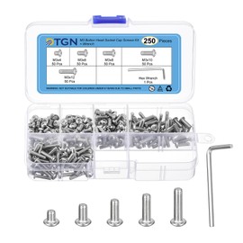 DTGN 250Pack M3(D) Button Head Socket Cap Screws Kit - 4/6/8/10/12mm(L) 304 Stainless Steel Full Thread Hex Socket Cap Screw Assortment with S2 Wrench - Good for Machine