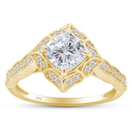 SAVEARTH DIAMONDS Vintage Floral Design, Center 6X6MM Cushion Cut Lab Created Moissanite Engagement Wedding Ring 14k Yellow Gold Over Sterling Silver Jewelry For Women Gifts For Her (1 Cttw) Size-8