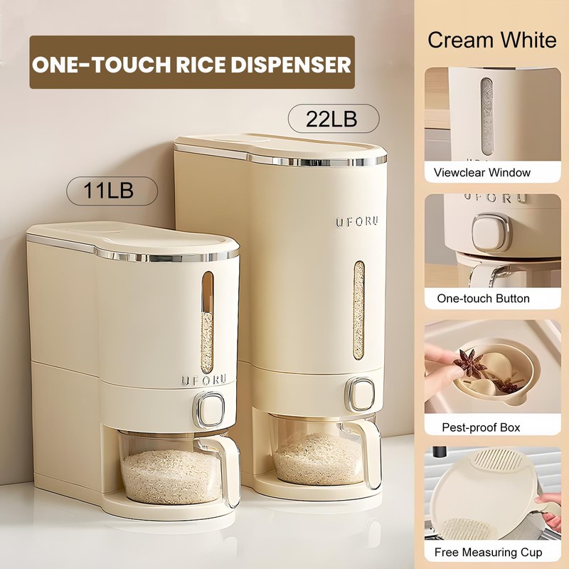 UFORU Rice Dispenser, Rice Storage Container with Measuring Cup for