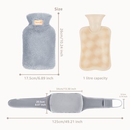YUNYIFU Hot Water Bottle Rubber Warm Hot Water Bag Hot Water Pouch Wrap Around with Soft Plush Waist Cover Belt Hot Water Bag for Neck Hand Shoulder Back and Legs Waist Warmer Light Gray 1L
