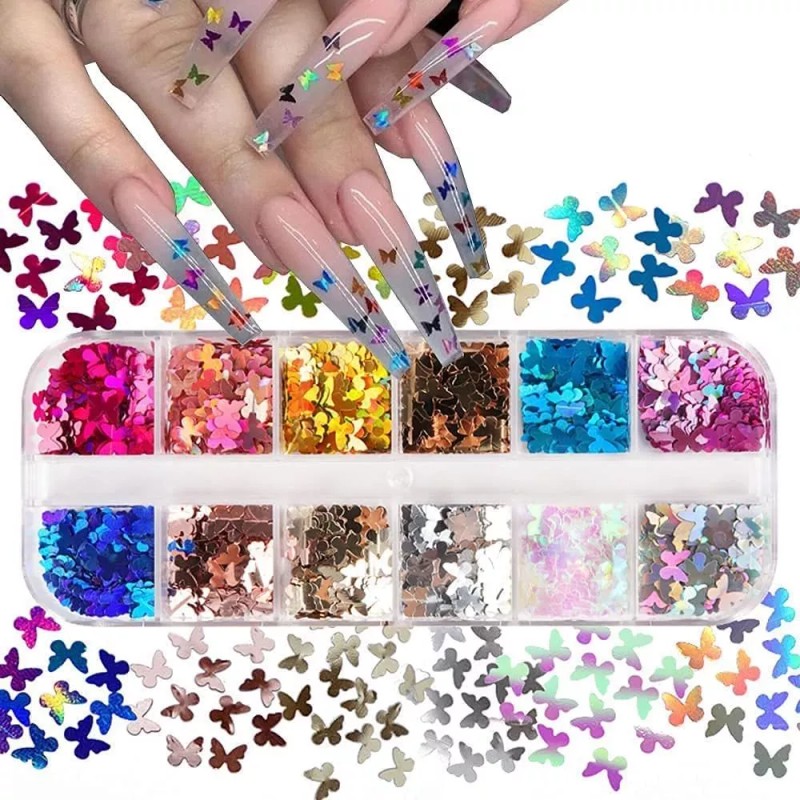 Cavad Lentejuelas Con Purpurina De Mariposa, 12 Colores, Hol