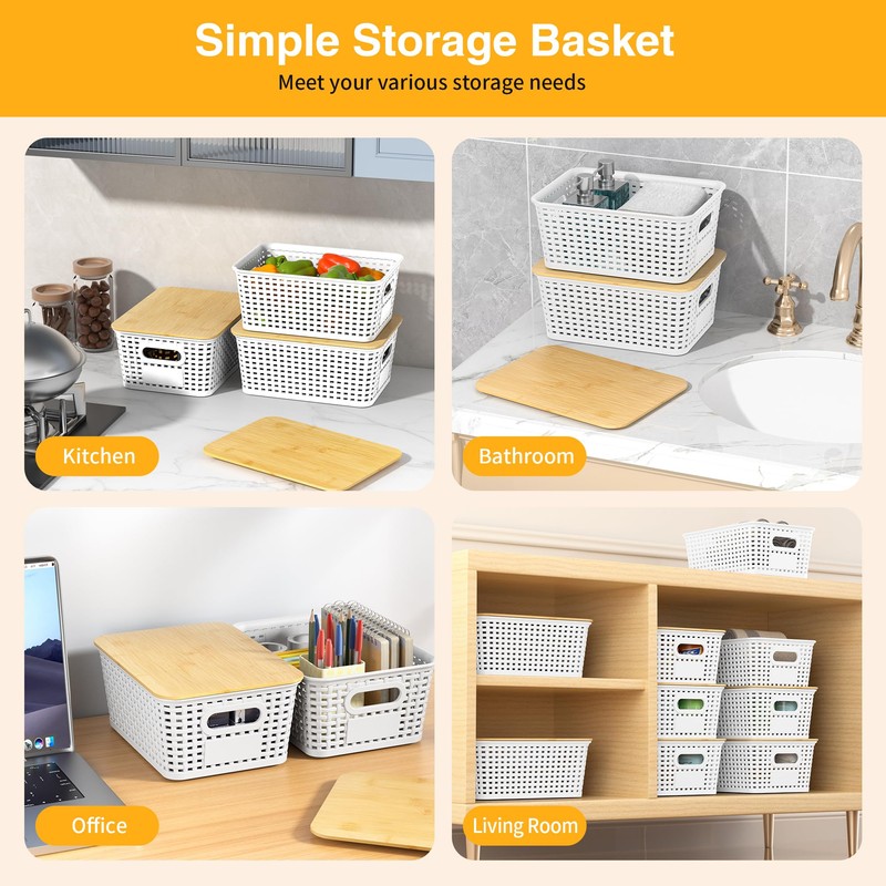 6 Pieces White Plastic Storage Baskets with Bamboo Lids with