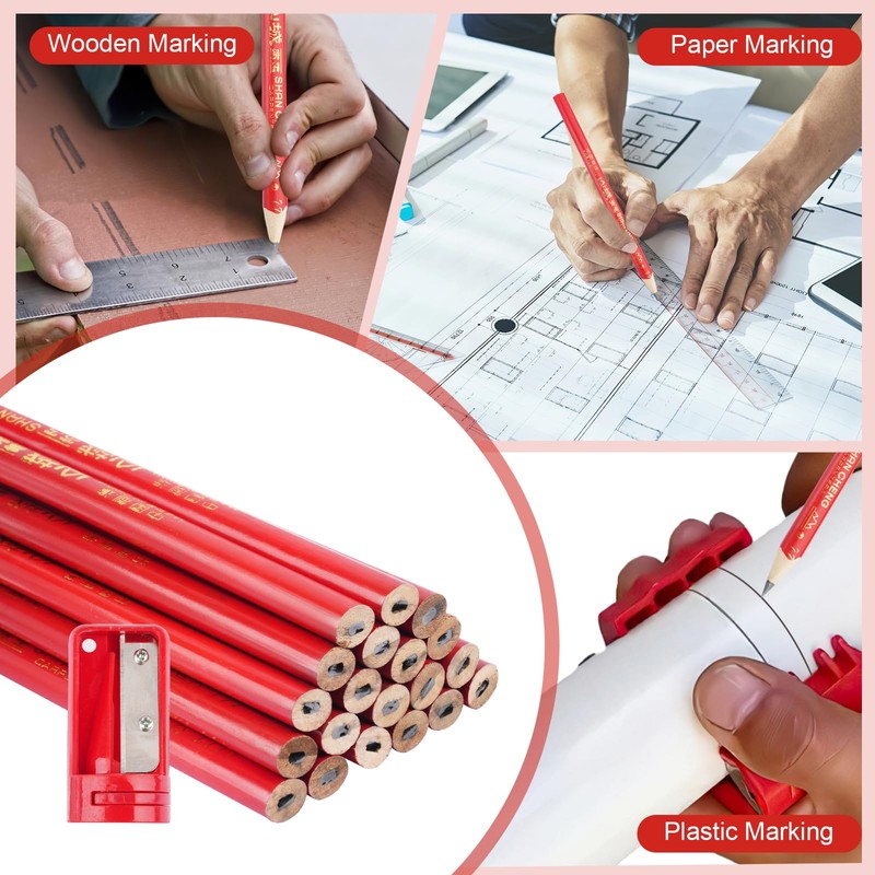 Pack of 20 Carpenter's Pencils, 175 mm Red Pencil, Construction