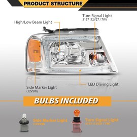 CNNELL Projector LED DRL Headlights Assembly Compatible with Ford F150 2004-2008/Fit Lincoln Mark LT 2006-2008 FO2503247, FO2502247 Clear lens Chrome Housing Amber Reflector