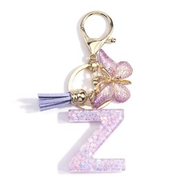 Keyring with Letter, Butterfly Pendant, Tassel Sequins, Women Keyring Gift, Girls Birthday Gift, Purple, Z, Unit size