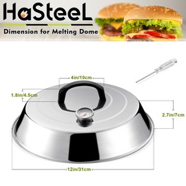 HaSteeL 12Inch Melting Dome for Griddle, Stainless Steel Basting Cover with Thermometer, Large Round Steaming Cover Lid for Flat Top Teppanyaki BBQ Camping Cooking Grilling, Indoor & Outdoor (2 Piece)