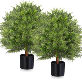 Zeyune 2 Pieces 20'' Artificial Cedar Topiary Ball Tree Faux Potted Plants Fake Bushes Artificial Outdoor Shrubs Fake Outdoor Topiary for Indoor Outdoor Home Garden Front Porch