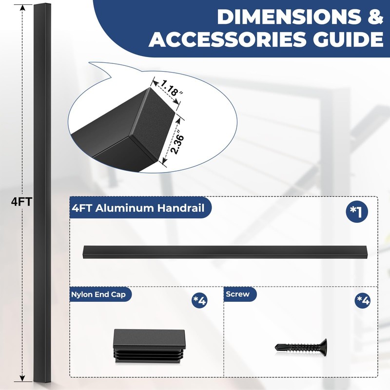 Gyykzz 4FT Aluminum Handrail Black, Rectangular Flat Top Hand Rail
