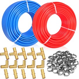 Landhoow 1/2 Inch 2 x 100 Ft Pex-b Pipe/tubing (Total 200 Ft), Blue and Red, with 1/2" 15 Pcs Brass Expansion Fittings and 50 Pcs Pex Expansion Rings for Hot/Cold Water Plumbing