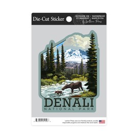 Die Cut Sticker Denali National Park, Alaska, Moose and River Rapids, Contour Vinyl Sticker 3 to 6 inches, (Waterproof Decal for Cars, Water Bottles, Laptops, Coolers), Large