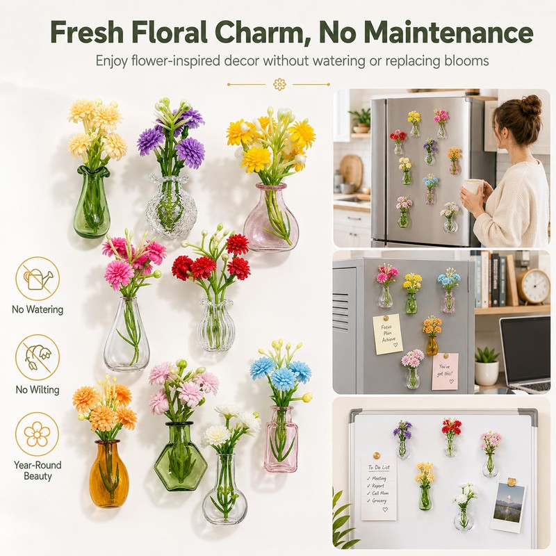 10-Pack Mini Vase Magnets for Fridge with Flowers, Glass Vases