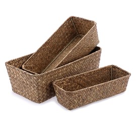 OGANAZI 3 Natural Wicker Basket Set Rectangular Handwoven Seagrass Basket Storage Bins Home Organizer Bins - Household Basket Box for Shelf Wardrobe Desktop Home Decor (Coffee)