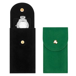 LUWOO 2 Pack Velvet Watch Travel Case for Men and Women, Portable Watch Pouch with Adjustable Cushion, Scratch-Proof Storage Organizer for Travel, Gift (Green, Black)