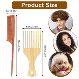 Bamboo Comb Set Afro Pick Comb,Rat Tail and Wooden Wide Tooth Comb Hair Picks for Curly Hair Men or Women(2Pcs)