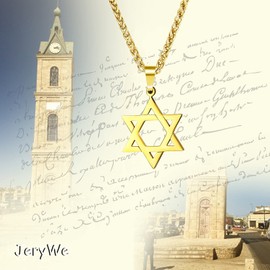JeryWe Star of David Pendant Necklace for Men Women Stainless Steel Jewish Jewelry Hexagram Necklace 20" Gold