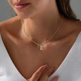 Feskive Birthstone Initial Necklace for Women,Dainty 14k Gold Plated Simple A-Z Letter Pendant Necklaces Birthstone Necklaces 12-Months Diamond Necklace Birthday Gifts for Women Friends