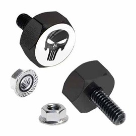 Tricktoppers Hex Head Vivid Black Billet Aluminum Universal Motorcycle License Plate Frame Fastener Tag Bolt Kit with High Resolution Gloss Graphics - Tactical Black Punisher Skull On White (2 Pcs)