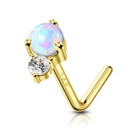 COCHARM 14K Solid Gold Nose Stud 20g Yellow Gold L Bend Nostril Opal Nose Stud 7mm Long Nose Piercing 14kt Real Gold Nose Stud Nose Ring Sparkling CZ Nickle Free Nose Bone