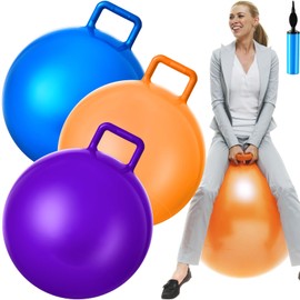 Lewtemi 3 Pcs 31 Inch Bouncing Ball with Handle, Outdoors Hopper Jumping Hopping Ball and Air Pump for Sports School Games Exercise (Orange, Blue, Purple)