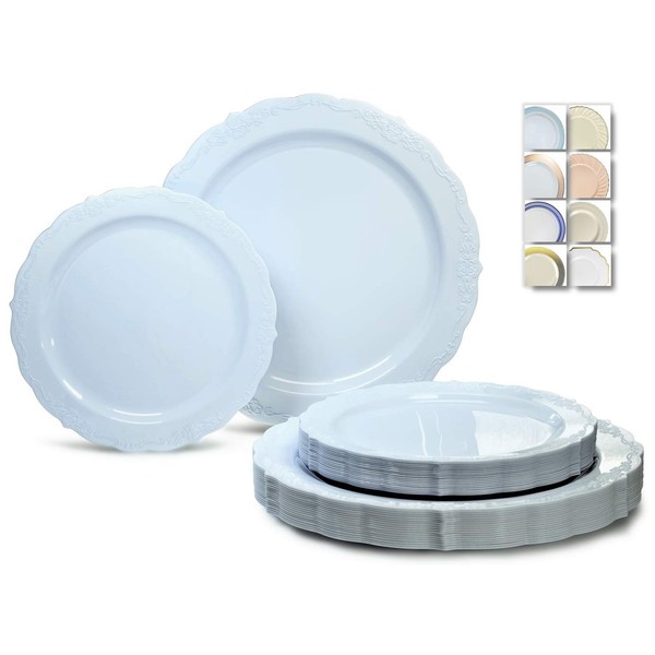 " OCCASIONS " 240 Plates Pack,(120 Guests) Vintage Wedding Party Disposable Plastic Plates Set -120 x 10'' Dinner + 120 x 7.5'' Salad / Dessert (Verona Blue)