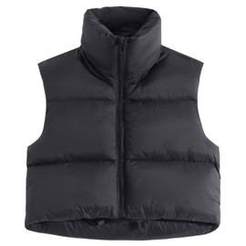 Fuinloth Women's Padded Vest, High Stand Collar Lightweight Zip Crop Puffy Gilet Black M