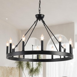 VBKK Wagon Wheel Chandelier 32" 12-Light, Round Black Chandeliers Farmhouse Modern Wagon Wheel Light Fixtures, for High Ceiling Dining Living Room, Foyer, Entryway