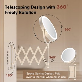 Rechargeable Wall Mounted Makeup Mirror - 8 Inch Double Sided 1X/10X Magnifying Mirror with 3 Color Lights Dimmable Touch Screen, 360°Swivel 19.6 Inch Extendable Accordion Bathroom Mirror - Nickel