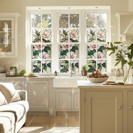 Camellia Stained Glass Window Film, Decorative Camellia Stained Glass Window Film, Camellia Stained Glass Window Film for Bathroom Shower Door Heat Anti UV