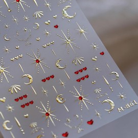 Moon Star Nail Art Stickers Decals 5D Embossed Nail Supplies Self Adhesive Nail Decals with Red Rhinestone Design Gold Nails Accessories Star Moon Nail Stickers for Women Manicure Decorations 1Pcs