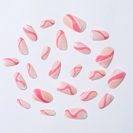 Almond Press on Nails Medium with White Pink Art Stripes Designs, Reusable Glossy Stick Full Cover On Fake False Nail, 24 Pcs French Tip Acrylic Press on Nails with Nail Glue for Women XY-33-25