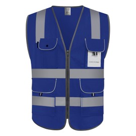Uno Mejor Blue Safety Vest - Hi Vis Reflective Vest with 9 Pockets, Meets ANSI, XG100-Blue Large