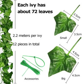 12 Stück Künstlicher Efeu Grün mit Nylon Kabelbinder Pflanzen Efeu Künstlich Girlande für Garten Hochzeit Party Wanddekoration - 2.2m