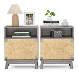 XIAO WEI Large Night Stand Set of 2 with Hand-Woven Natural Paper Rope Doors, Boho Nightstand Bed Side Table Accent End Table, Grey