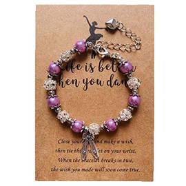 Lemua Dance Bracelet Purple Dance Recital Gifts Pearl and Rhinestone Bead Bracelet Ballet Jewelry for Granddaughter Daughter Niece Ballerina Dancer Gifts