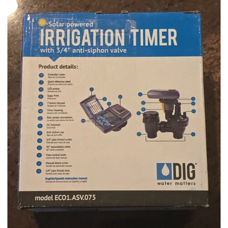 DIG Solar Powered Irrigation Timer Controller with 3/4 inch Anti-Siphon