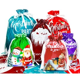 Yunaeduo Drawstring Christmas Gift Bags -30PCS Christmas Bags Assorted Sizes for Presents - Plastic Wrapping Bags Bulk - Xmas Gift Bags, 6 Designs Large/Medium/Small Sizes